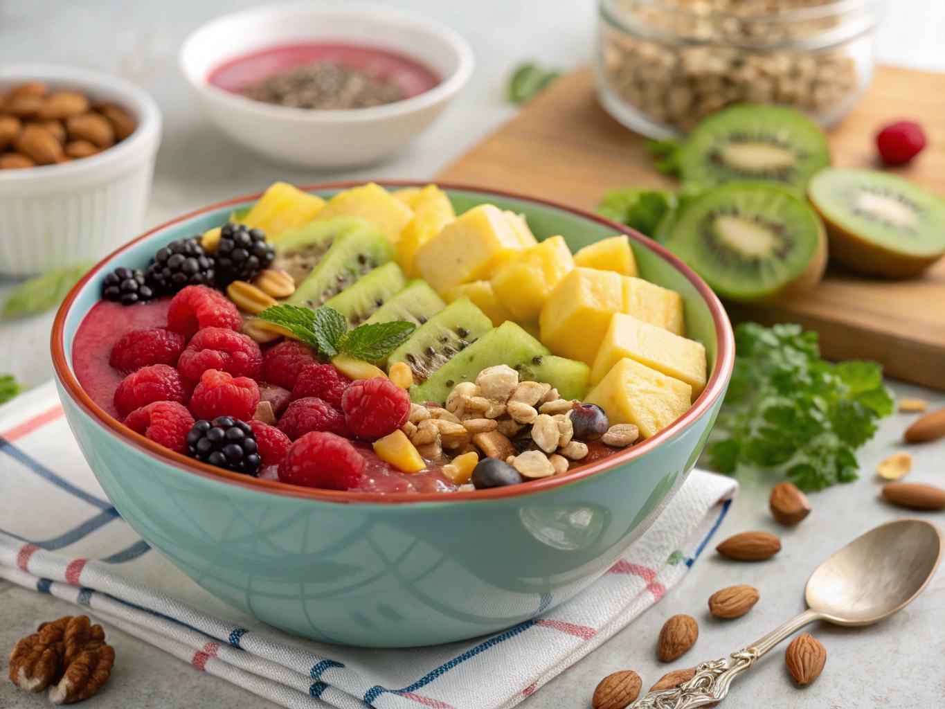 Kleurrijke superfood bowl met verse vruchten en noten